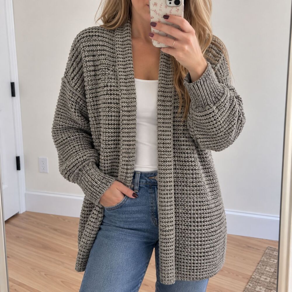 Women’s Chunky Popcorn Knit Cardigan Medium Gray Oversized